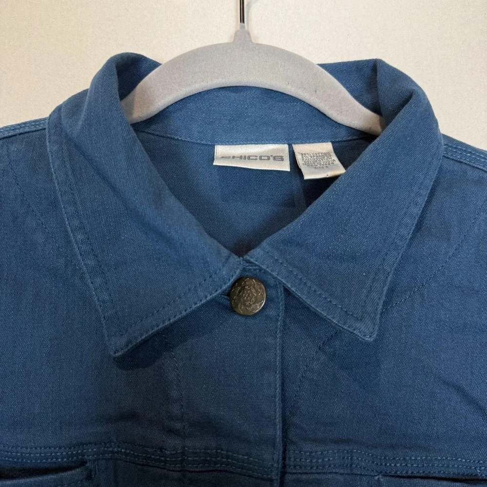 Chico's‎ Jacket Womens 3 Blue Denim Button Front Embroidered Back Boho Casual